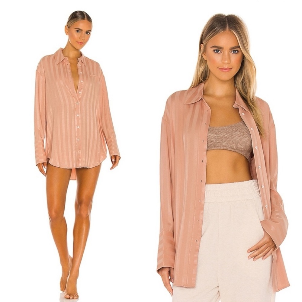 NEW • L’academie • Women’s Lounge Shirt DressPink Beige Stripe XS